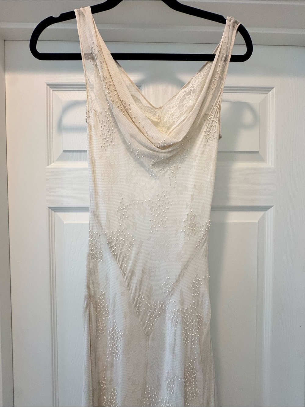 White House Black Market Ivory Cream Beaded Cowl-Neck Dress